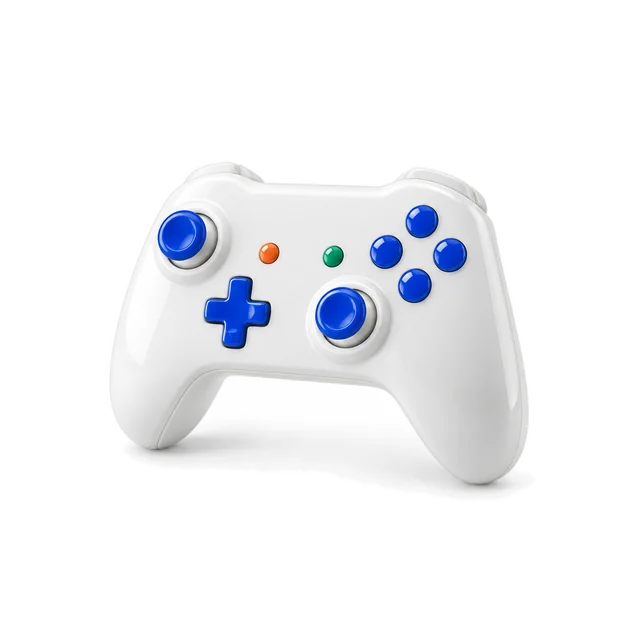 青いボタンの、白い陶器のゲームコントローラー