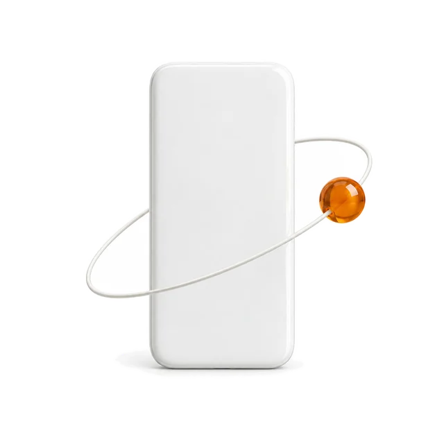 白いスマートフォンのまわりを、橙色の球がまわっている